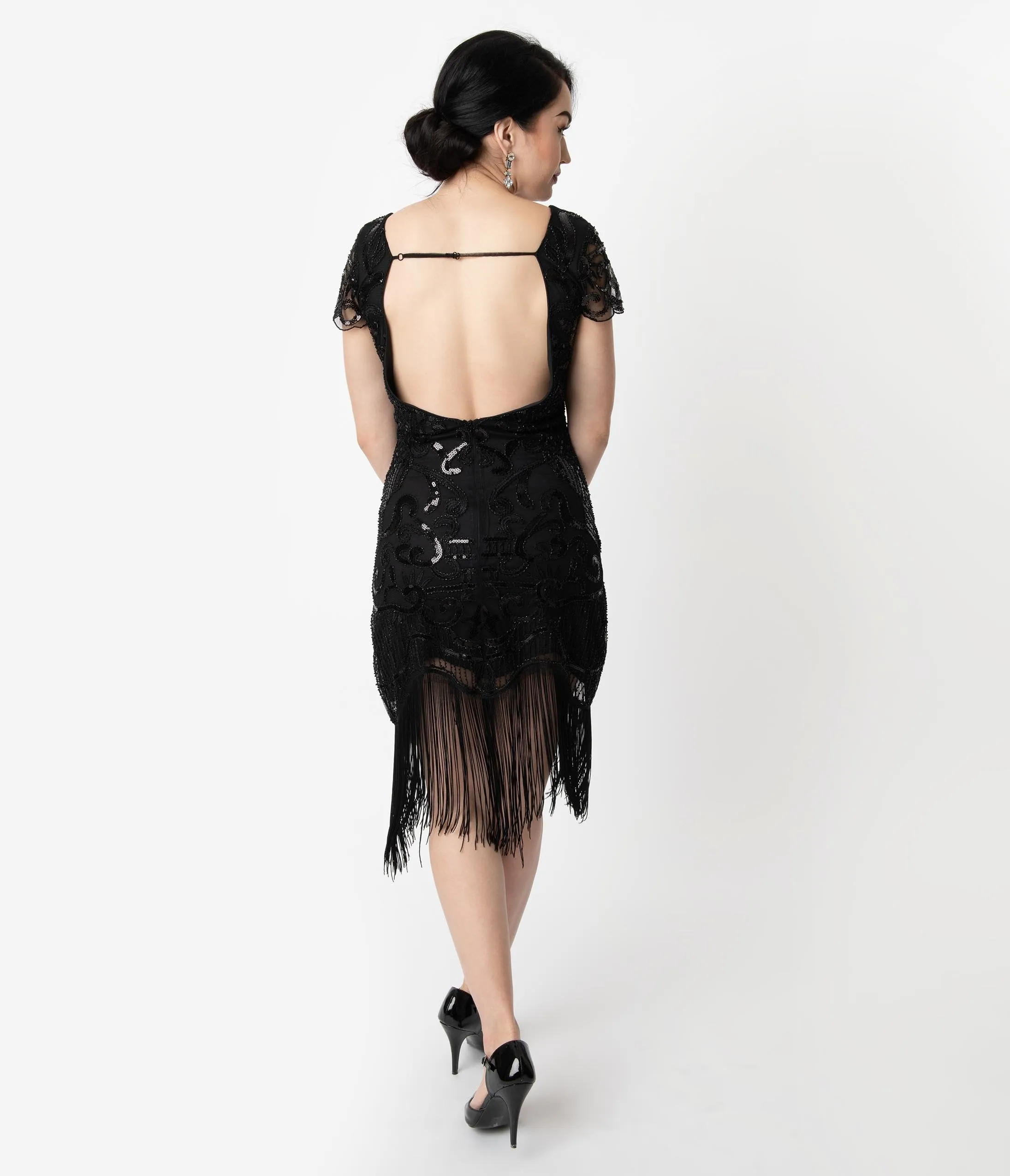 Unique Vintage 1920s Style Black Beaded Fringe Aurore Flapper Dress