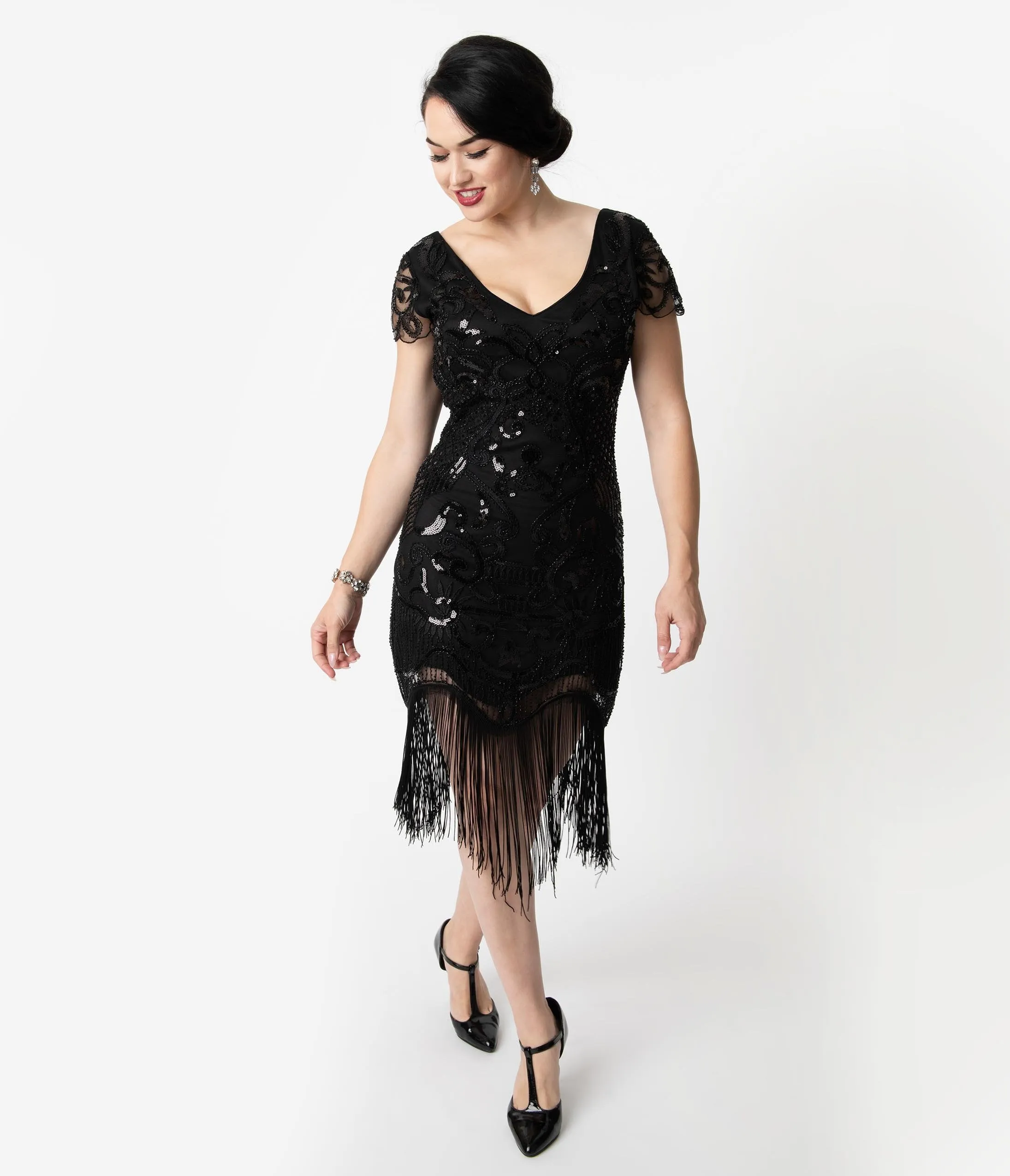 Unique Vintage 1920s Style Black Beaded Fringe Aurore Flapper Dress