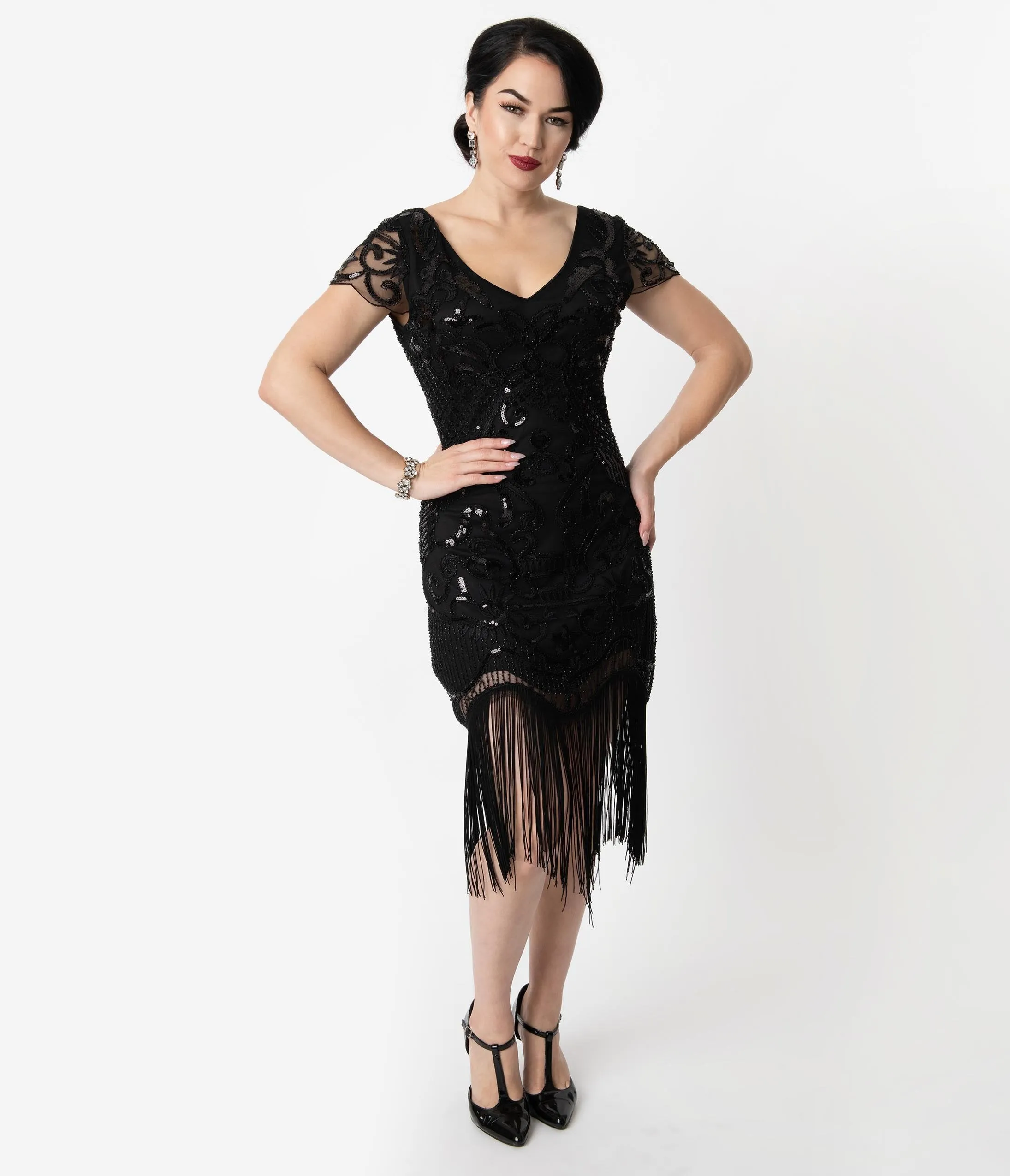 Unique Vintage 1920s Style Black Beaded Fringe Aurore Flapper Dress