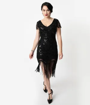 Unique Vintage 1920s Style Black Beaded Fringe Aurore Flapper Dress