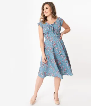 Unique Vintage 1940s Chambray Blue & Pink Floral Print Havilland Dress