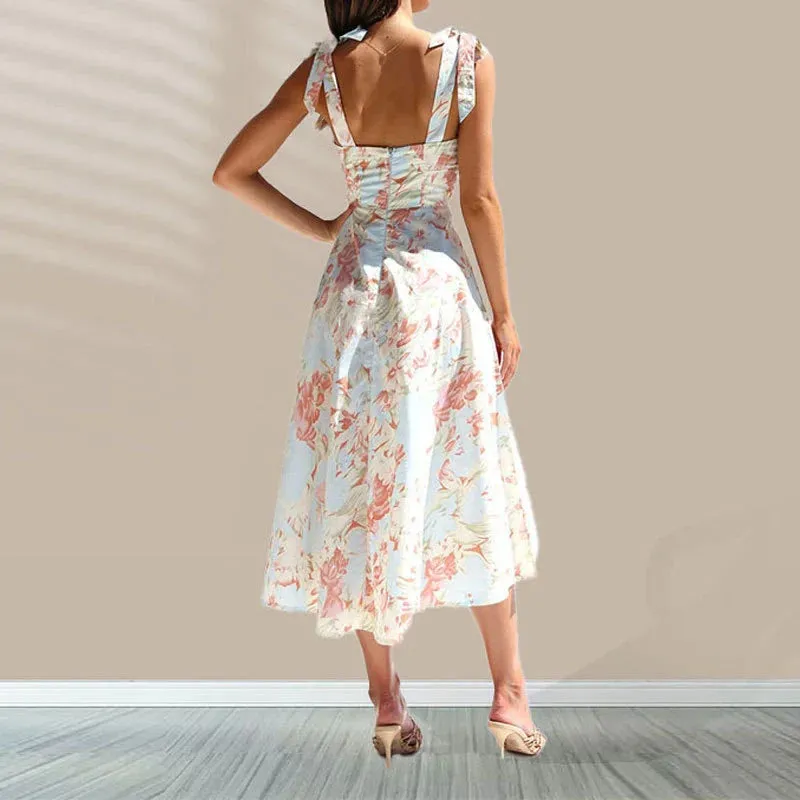 V-Neck Big Swing Hem Zip Backless Bohe Elegant Print Floral Elegant Dress