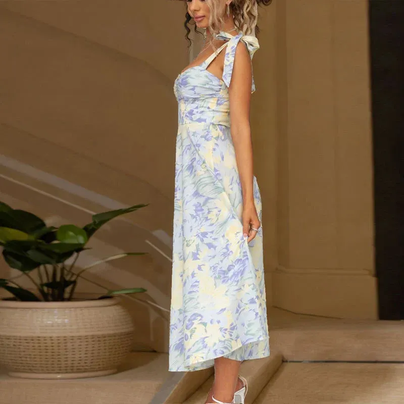 V-Neck Big Swing Hem Zip Backless Bohe Elegant Print Floral Elegant Dress