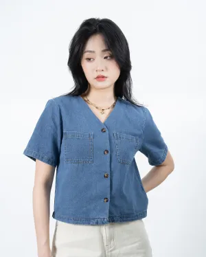 V Neck Pocket Denim Top (Denim)